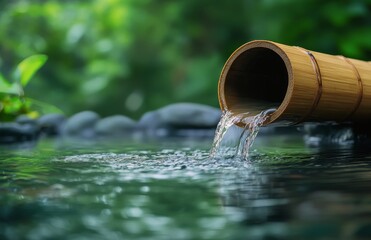 Bamboo water feature gently flowing into a serene pond surrounded by lush greenery