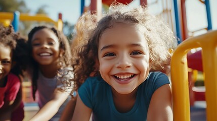 Close-up portrait of multiethnic children playing together on a playground, their faces glowing with joy and excitement,