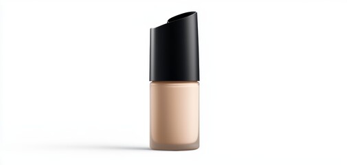 Foundation bottle with a sleek pump dispenser, displaying a natural beige shade, centered on white