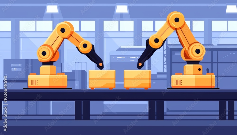 Poster futuristic smart factory controlled by ai, with autonomous machines efficiently assembling complex p