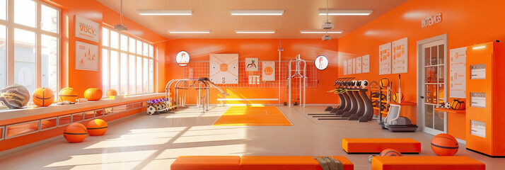 Fototapeta premium Orange Energizing: An energizing orange hue invigorates a physical education or sports-focused area, displaying athletic equipment and motivational posters.