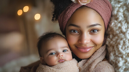 Obraz premium Woman Cradling Newborn in Warm Nursery