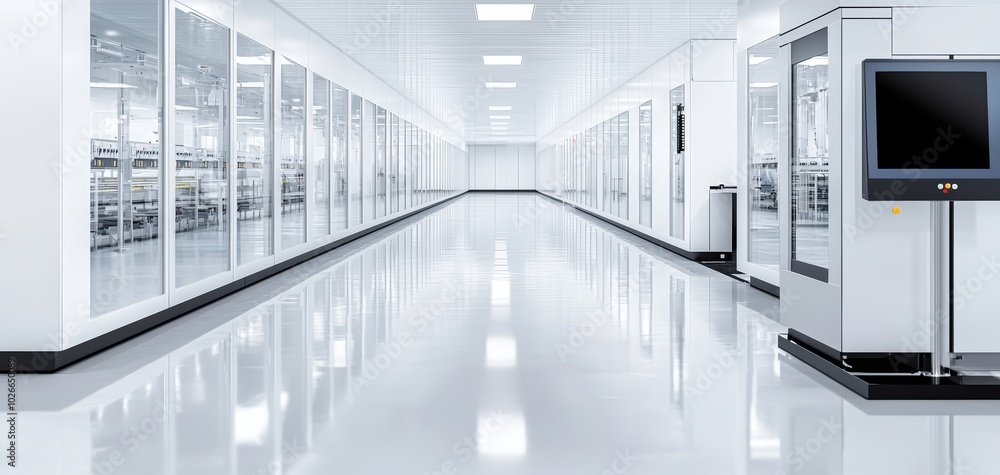 Poster robotics and ai technology collaborating to produce microchips on a spotless, automated factory floo