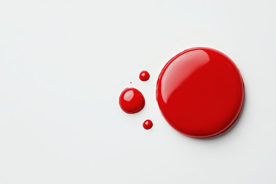 Bold red nail polish bottle, with a few drops of polish on a white surface nearby, isolated on white