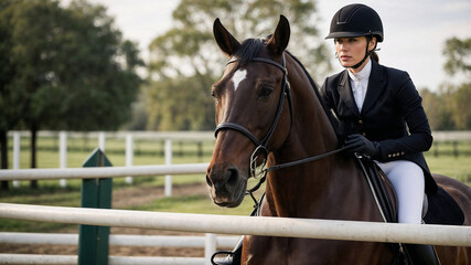  Female equestrian in black riding attire on brown horse during a training session in an outdoor arena