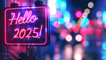 sign with glowing neon text " Hello 2025!" over blurred digital background