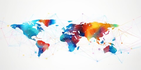 Fototapeta premium White global communication banner featuring a colorful network design, symbolizing connectivity and interaction across diverse platforms. 
