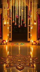 Colorful marigold garlands and rangoli design for Diwali decor