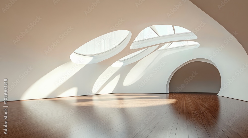Poster Modern empty room with curved walls and large windows, sunlight streams through the windows, casting shadows on the wooden floor.