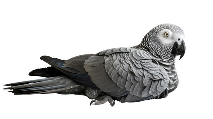 Obraz premium A grey parrot is laying on its back on a white background
