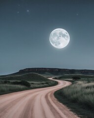 Moonlit dirt road through a grassy landscape in the night sky of the savanna.