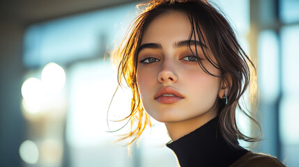 Fototapeta premium Model in minimalist fashion outfit with modern backdrop