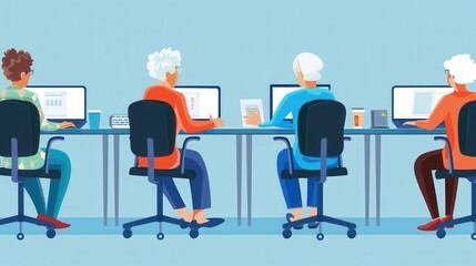 A group of elderly individuals actively participating in computer courses, learning on laptops and desktop computers. Generative AI