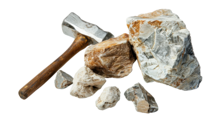 A hammer and a rock are on a white background