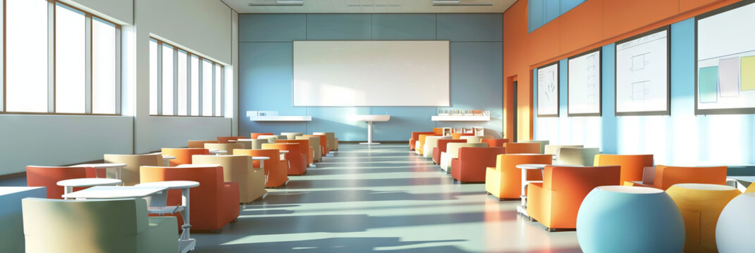 Modern Middle School: A sleek, minimalist background in cool tones displays modern seating options and interactive whiteboards.