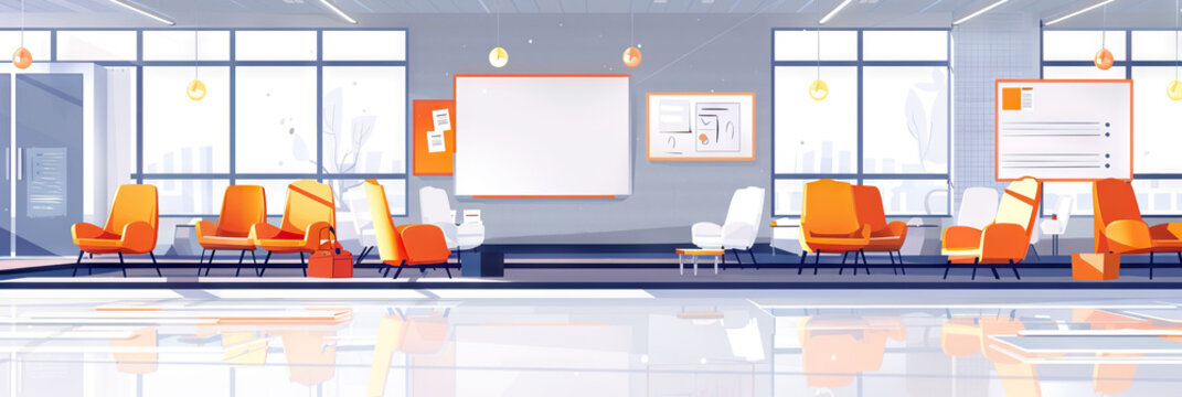 Modern Middle School: A sleek, minimalist background in cool tones displays modern seating options and interactive whiteboards.