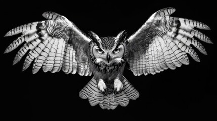 Black and white photograph of an owl in flight with its wings spread wide against a black background