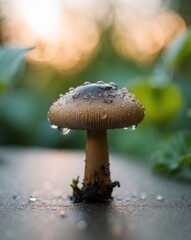 Morning Dew on a Mushroom Under Sunrise Glow.