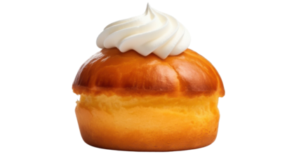 A small, yellow pastry with a white frosting on top