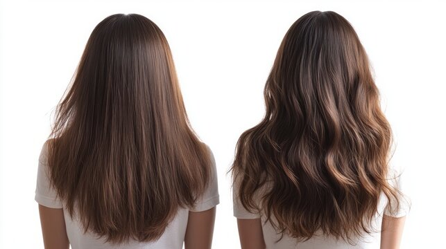 Before and after photo showing a woman with straight hair on the left and wavy hair on the right.