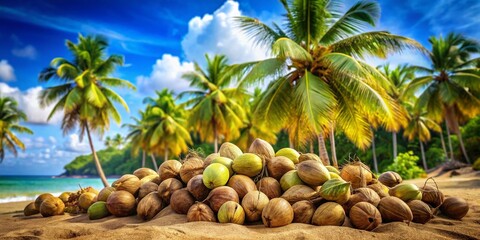 Fresh, ripe coconuts glisten in the sun, captured in a whimsical tilt-shift focus. Tropical vibes burst forth, inviting relaxation and blissful