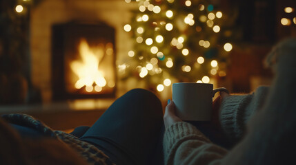 Relaxing by the fireplace with coffee day after Christmas
