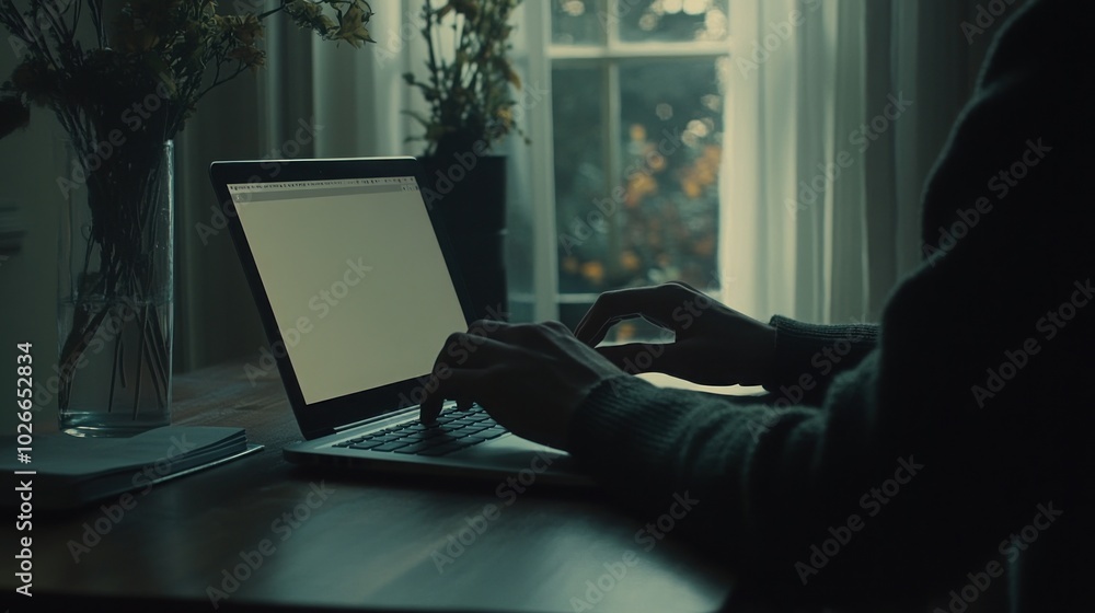 Aufkleber a person sits at a desk in front of a laptop with their hands typing on the keyboard. the laptop scr