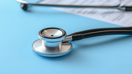 A close-up shot of a silver stethoscope on a light blue background.