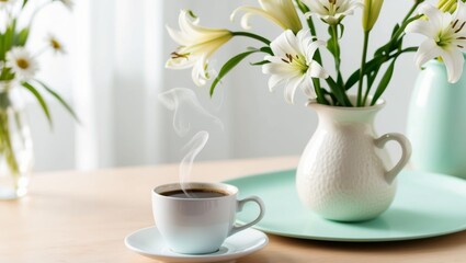 Relaxing Workspace with Coffee and Flowers.