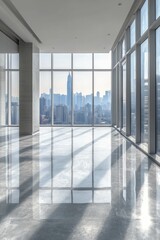 Obraz premium Bright and modern office space with panoramic city views in the daytime