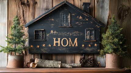 Black wooden house sign with the word 'HOM' and two small pine trees on a rustic wooden background.