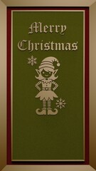 Christmas card with a cheerful elf design on a green velvet background with golden frame with a gothic Merry Christmas font