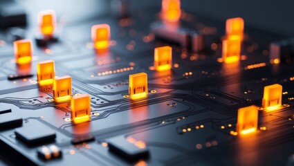 Illuminated Circuit Board with Orange Lights.