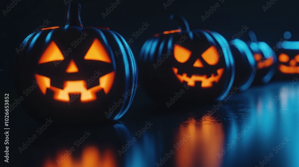 Poster a row of illuminated jack-o'-lanterns with glowing faces in a dark setting.