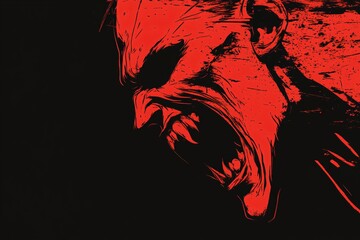 Fototapeta premium Red vampire screaming on dark background. Halloween celebration. Digital illustration design. Mental disorder, depression or bipolar. Horror and psychological thriller concept. Scary zombie monster