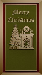 Christmas card with a fireplace and Christmas tree design  on a green velvet background with golden frame with a gothic Merry Christmas font
