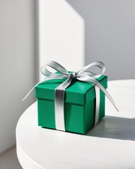 Green gift box tied with a shiny ribbon resting on a white wooden surface.