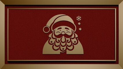 Christmas card with embossed Santa Claus design on a red velvet background with golden frame 