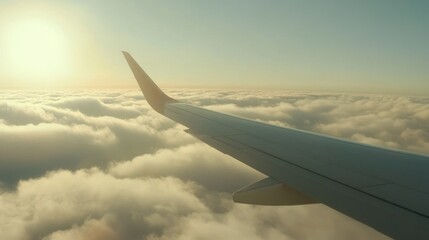 Airplane wing in flight above clouds with sun shining through.