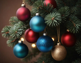 Fototapeta premium .Spruce branch with Christmas balls on it.