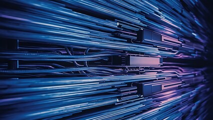 Close up of blue fiber optics texture background, communication technology