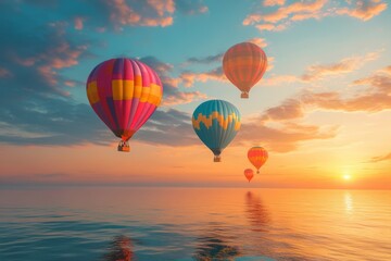 Fototapeta premium Colorful hot air balloons float gracefully above a serene sea as the sun sets, creating a magical and tranquil atmosphere. Generative AI