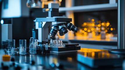 A microscope is on a table with a few test tubes and a beaker