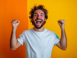 Fototapeta premium Groomed Bearded Man Posing Against Yellow Background