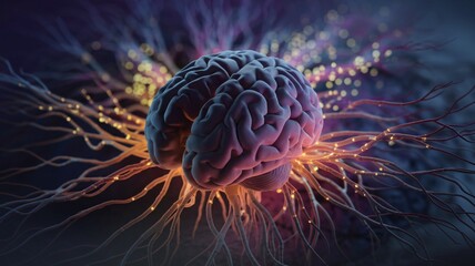 3D rendering of a human brain with intricate neural pathways radiating outwards, glowing with vibrant, multicolored energy. 