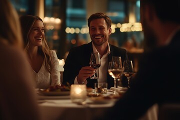 Elegant restaurant scene with friends dining, man holding wine glass, smiling, others laughing, luxury modern setting.