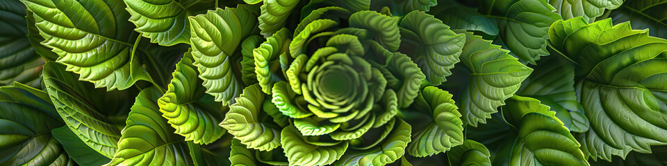 Obraz premium Botanical Blossom, Green Spiral: Lush, green leaves spiral outward from a central point, creating a lively, organic pattern.