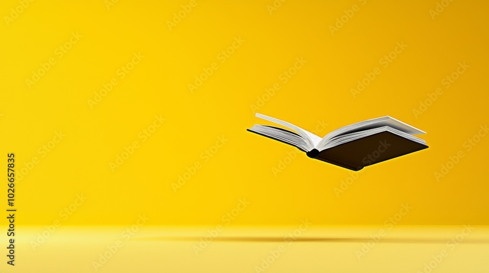 Poster an open book floating on a yellow background represents 'learning and freedom'