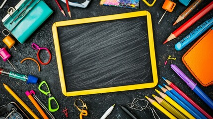 In the center of this board is a space for text, framed by colorful school supplies.
