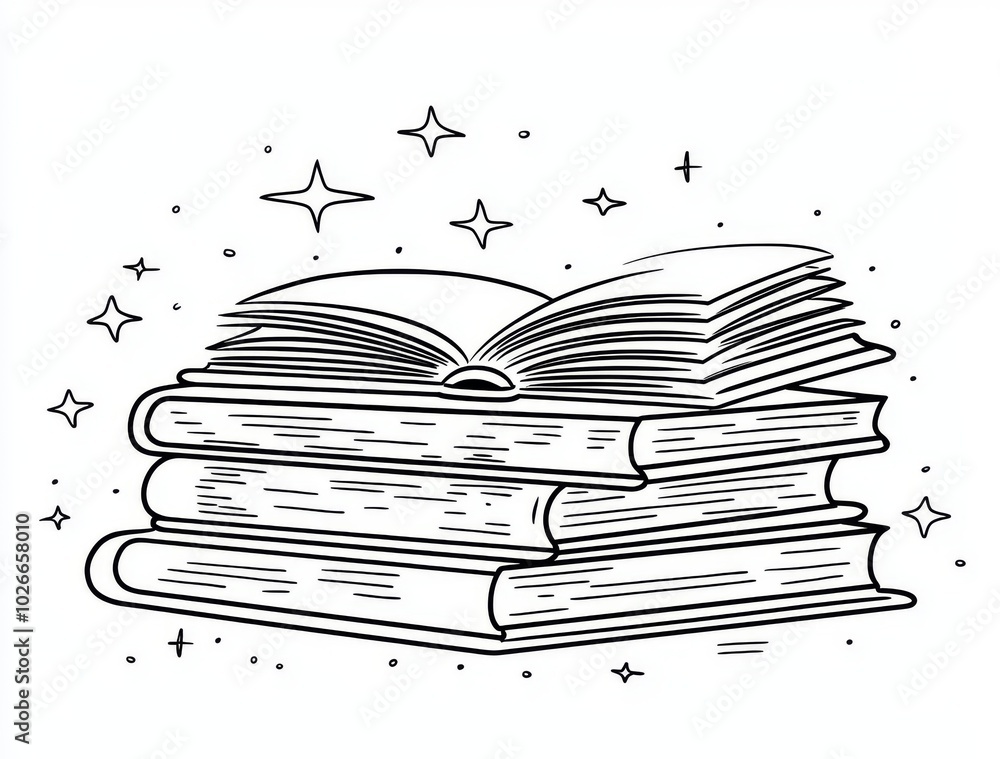 Poster modern illustration in hand drawn sketch doodle style with a stack of books on top and an open noteb